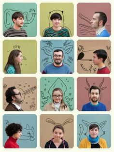 several people are drawn on the wall with their faces in different colors and shapes,