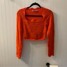 Bright Orange Cropped Scalloped Knit Size Medium Never Worn, Perfect Condition! Nwot Orange Knitted Long Sleeve Tops, Orange Long Sleeve Knitted Tops, Spring Fitted Cable Knit Cropped Sweater, Cropped Pointelle Knit Sweater, Fitted Cable Knit Cropped Sweater For Spring, Fitted Textured Knit Cropped Sweater For Spring, Fitted Orange Knit Sweater, Stretch Cropped Pointelle Knit Sweater, Spring Textured Knit Orange Top