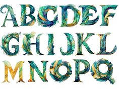 the letters are made up of feathers and have different font styles, including one for each letter