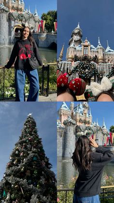 a woman standing next to a christmas tree in front of a castle