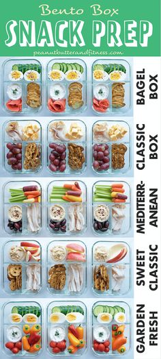 the bento box snack prep is packed with different foods