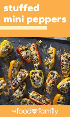 stuffed mini peppers on a baking sheet with text overlay that reads, stuffed mini peppers