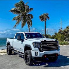 a white truck is parked on the side of the road by the ocean and palm trees