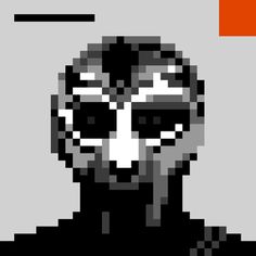 an image of a pixelated man in black and white with the word's name on it