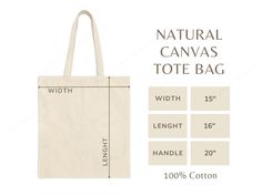 the natural canvas tote bag is shown with measurements