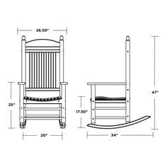 a wooden rocking chair with measurements for the seat and back side, shown in black