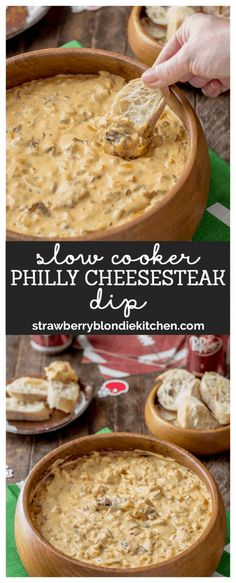 slow cooker philly cheesesteak dip in a wooden bowl with crackers