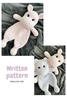 two crocheted teddy bears sitting next to each other on a blanket with the words written