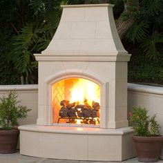 an outdoor fireplace is shown with potted plants in the foreground and bushes behind it