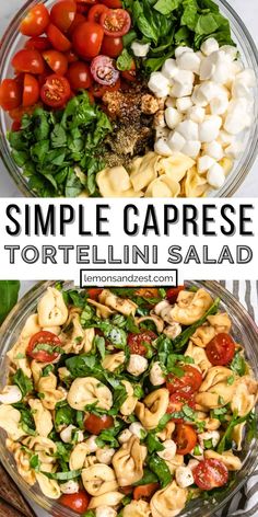 tortellini salad with tomatoes, mozzarella and spinach in a glass bowl