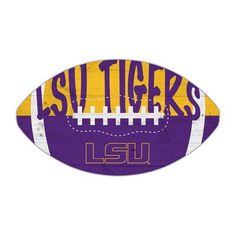 an lsu football with the word's written on it in gold, purple and white