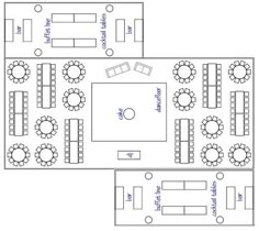 the floor plan for an event with tables and chairs, couches and coffee tables