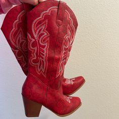 Brand New Red Cowgirl Boots! Never Worn, Just Didn’t Fit Like I Was Hoping! Fall Red High Heel Mid-calf Boots, Red Mid-calf Boots With Round Toe For Winter, Red High Heel Mid-calf Boots For Fall, Red Round Toe Mid-calf Boots For Fall, Red Heeled Boots With Round Toe For Spring, Red Wide Calf Round Toe Heeled Boots, Red Round Toe Heeled Boots For Spring, Western Style Red Fitted Heeled Boots, Red Fitted Western Heeled Boots