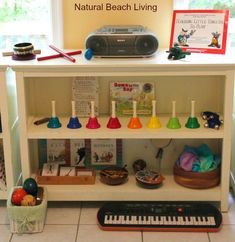 there is a shelf with many different items on it and the words natural beach living above it