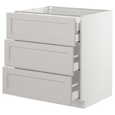 a white kitchen cabinet with three drawers