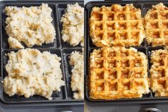 several waffles and mashed potatoes on a tray