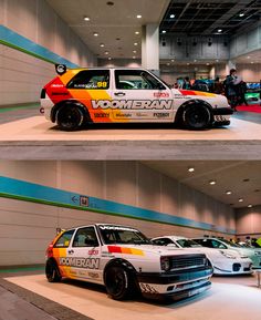 two pictures of different cars on display in a building