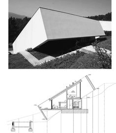 two different views of the house and its roof are shown in this black and white photo