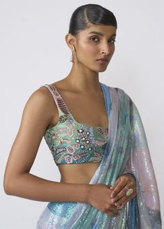 Kinfolk aurora printed sequin tulle draped saree with applique embellished blouse. Draped Saree, Nyc Studio, Drape Saree, Embellished Blouse, Nehru Jackets, Sharara Set, Lehenga Saree, Western Wedding, Saree Dress