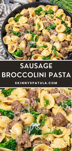 sausage and broccoli pasta in a skillet with spinach on the side