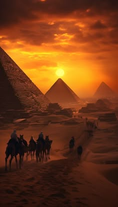 people riding horses in front of the pyramids at sunset or sunrise, with camels and sand dunes surrounding them