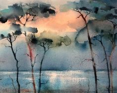 watercolor painting of trees in front of the ocean