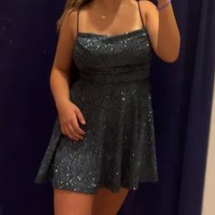 Brand New With Tags Never Worn! Navy Blue W Silver Glitter Silver Sparkling Sequin Dress For Homecoming, Sparkling Silver Sequin Dress For Homecoming, Blue Sleeveless Glitter Dress, Sleeveless Blue Glitter Dress, Glamorous Blue Glitter Mini Dress, Blue Glitter Mini Dress For Party, Glamorous Blue Shimmer Mini Dress, Blue Shimmer Mini Dress For Party, Metallic Glitter Dress For Date Night