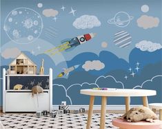 Papier peint enfant fusée espace spatiale - papier peint sur mesure francais - muralconcept Galaxy Nursery, Planet Nursery, Kids Bedroom Wallpaper, Kids Room Murals, Nursery Wall Murals, Space Nursery, Kids Room Wall, Wallpaper Bedroom