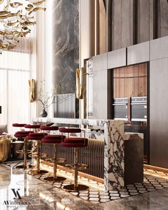 an elegant dining room with marble walls and flooring, red velvet chairs and gold chandelier