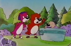 an image of two cartoon characters in the park with trees and bushes behind them, one is talking to another