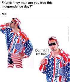 two men dressed in patriotic clothing, one is wearing sunglasses and the other has an american flag shirt