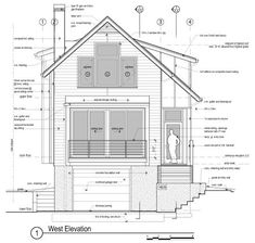 a drawing of a small house with the measurements and details on it's side