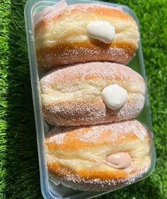 three powdered donuts in a plastic container sitting on the grass with marshmallows