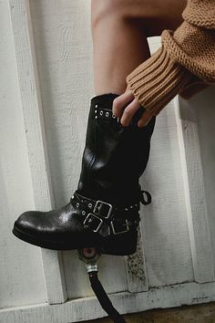 Bring out your inner rebel with these rough-and-tough, buckled-adorned boots from We The Free. **Features:** Mid-calf length, pull-on style, vegetable-tanned leather uppers, round toe, grommet buckle accents at topline and vamp, slight heel, studded details **Why We | We The Free Janey Engineer Boots at Free People in Black, Size: US 7 Western Boots For Women, Western Boots Women, Boots For Women, Mid Calf Boots, Fashion Stylist, Western Boots, Cute Shoes