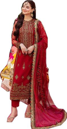 Traditional Red Dresses For Eid, Red Bollywood Unstitched Suit With Dupatta, Red Chinon Unstitched Suit For Wedding, Red Traditional Dress For Eid, Semi-stitched Red Lehenga With Dabka Detailing, Red Unstitched Suit With Dupatta For Eid, Unstitched Red Suit With Dupatta For Eid, Festive Red Unstitched Suit With Dabka Work, Red Chinon Lehenga With Dabka Embroidery