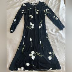 Never Worn. It’s Pretty New. Size Eur38. Elegant Black Midi Dress For Garden Party, Classic Fitted Dress With Floral Print, Black Silk Dress For Garden Party, Mustard Yellow Midi Dress, Laura Dresses, Paloma Dress, Mid Dress, Tulip Print, Yellow Midi Dress