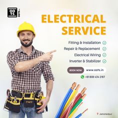 a man in a hard hat pointing at an electrical service ad with wires and tools