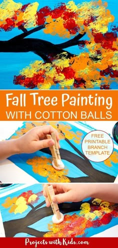 fall tree painting with cotton balls is an easy art project for kids to do at home