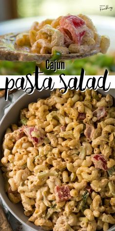 pasta salad in a white bowl with the words cajun pasta salad on top and bottom