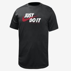 It's your game. Make sure everybody knows in this sweat-wicking Nike tee. Nike Black T-shirt For Sports Season, Sports Season Dri-fit Graphic T-shirt, Dri-fit Graphic Print T-shirt For Sports, Dri-fit Crew Neck T-shirt For Sports, Dri-fit T-shirt For Sports Events, Dri-fit Crew Neck T-shirt For Streetwear, Black Team Spirit T-shirt With Logo, Sporty Moisture-wicking T-shirt For Team Events, Black Dri-fit T-shirt For Sports Events