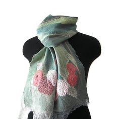 Soft scarf made of merino wool and silk in boho style. The scarf is decorated with handmade silk roses. Flowers are decorated with beads. Felting, handmade. In a single copy. Felt products are easy to care for. It is hand washable in water at 30 degrees using a delicate wool wash. Iron on the reverse side of the product. Handmade Green Winter Scarves, Bohemian Hand-dyed Scarves For Spring, Bright Scarf, Bohemian Hand-dyed Silk Scarf, Luxury Hand-dyed Artistic Scarves, Artistic Hand-dyed Green Scarves, Wool Wash, Unique Gifts For Women, Women Shawl