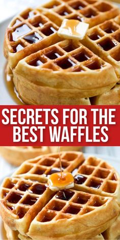 two waffles with syrup and butter on top are shown in three different pictures