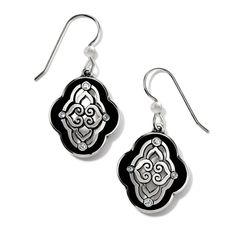 A beautiful pierced silver design is the central focal point in these teardrop silhouettes, inlaid with perfect precision. Silver Teardrop Jewelry With Black Enamel, Teardrop Black Enamel Earrings For Gift, Black Enamel Teardrop Earrings For Gift, Sterling Silver Teardrop Earrings With Oxidized Finish, Elegant Oxidized Finish Teardrop Dangle Earrings, Elegant Teardrop Oxidized Earrings, Elegant Teardrop Earrings With Oxidized Finish, Silver Oval Teardrop Earrings, Brighton Shops