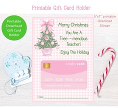 printable christmas gift card holder with candy cane and ornament on white background