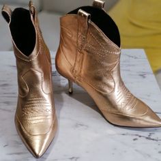 Brand New, Never Been Worn, Sassy Pointy Toe Booties. These Are A Must-Have! Chic Gold Snip Toe Boots, Chic Gold Ankle-high Boots, Chic Gold Heeled Boots With Round Toe, Chic Gold Heeled Boots With Pointed Toe, Gold Pointed Toe Heeled Boots For Spring, Spring Gold Heeled Boots With Round Toe, Chic Gold Boots Medium Width, Spring Gold Pointed Toe Heeled Boots, Brown Suede Heels