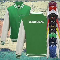 several different colored baseball jackets with the name vereniname on one jacket and the other