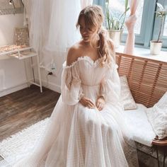 Off Shoulder Polka Dot Puff Sleeves Bridal Dress Boho Wedding Dresses BlissGown Winter Wedding Venues, Boho Wedding Dresses, Wedding Dresses A Line, Elegant Bridal Gown, Off Shoulder Wedding Dress, Tulle Sleeves, Polka Dot Wedding, Country Wedding Dresses, Floor Length Dresses