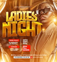 ladies night flyer with woman in sunglasses on the front and yellow lights above her head