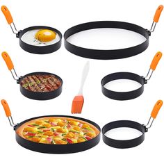 four pans with different types of food on them and an egg in the middle