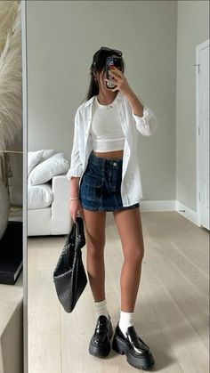 Jean Skirt And Loafers Outfit, Short Jean Skirts Outfit, Short Denim Skirt Outfit Summer, White Skirt Outfit Ideas Short, Short Jean Skirt Outfits Summer, Jean Skirt Outfits Short, Short Jeans Skirt Outfit, Loafers With Skirt, White Short Skirt Outfit